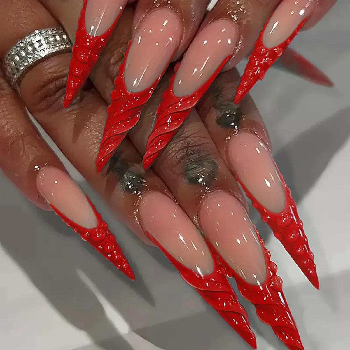 24pcs French Fake Nails Wearable Simple Red Long Stiletto False Nail Tips Wave Design Stick on Nail Sets Almond Press on Nails