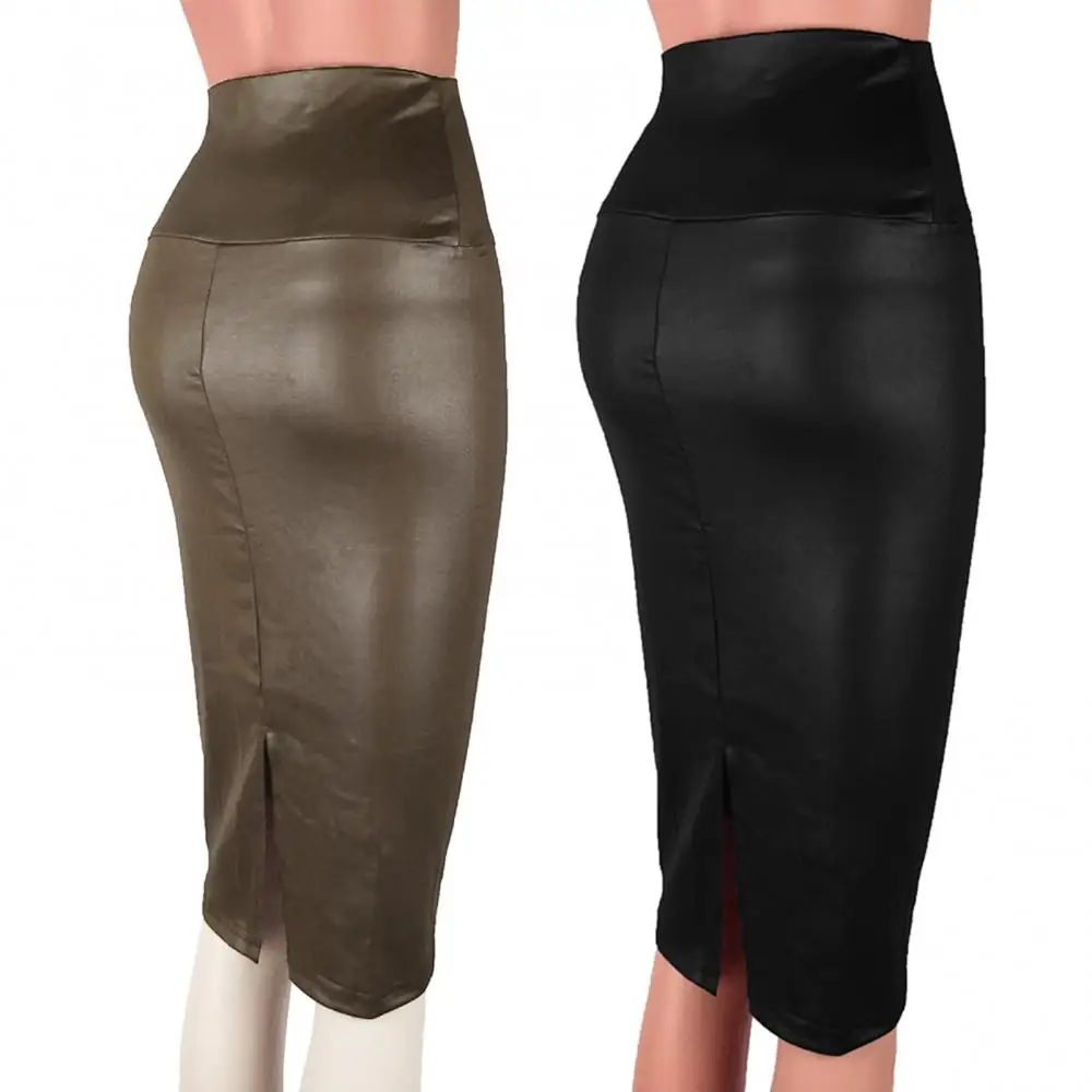 Bodycon Skirt Fashion High Waist Women Split Faux Leather Knee Length Pencil Skirt