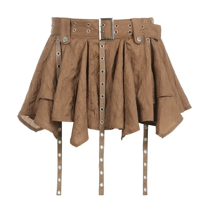Retro Rock Irregular Hem, Corns, Ribbon, High Waisted Skirt, Spring and Summer New Style, Belt, Solid Color