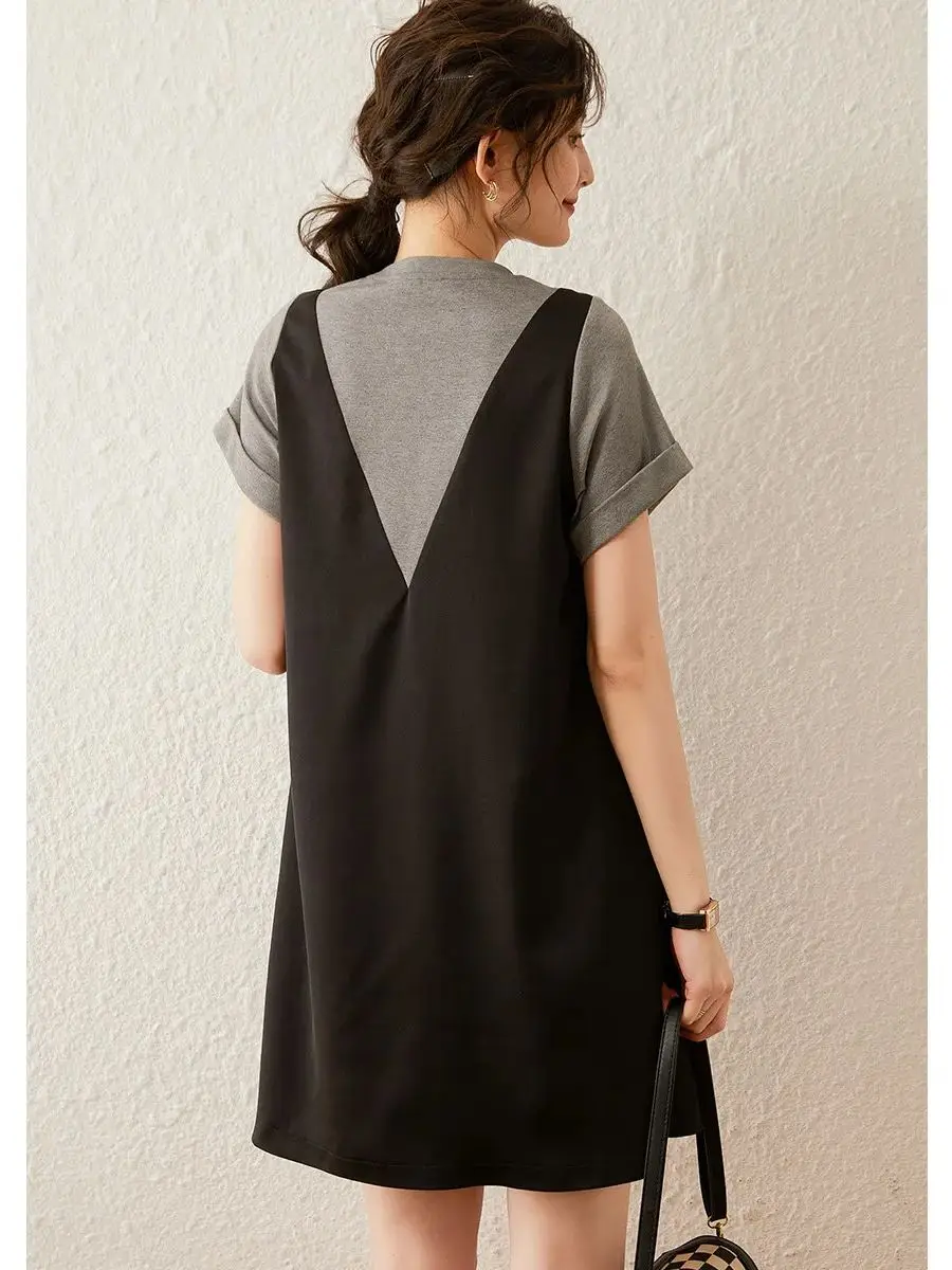 LOUIS YAO Women Dress Contrast Color Loose Fit A-line Knee-length Round Neck Short Sleeve Bow Office Lady Black Dress