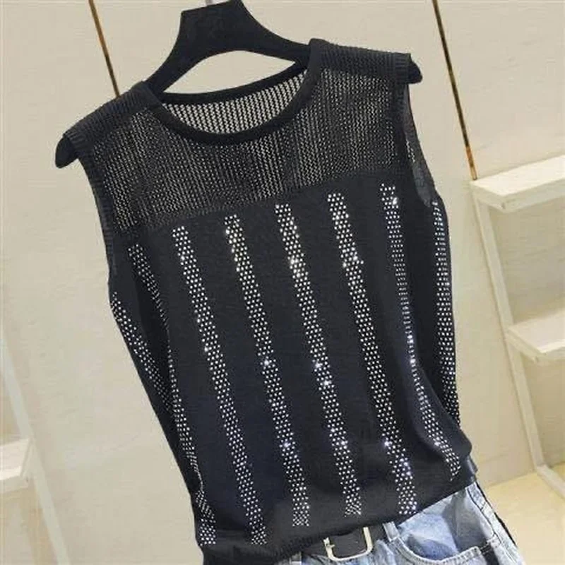 Women Short Sexy Top Basic Tanks Hollow Out Shiny Sleeveless Tops Vest 2022 Summer Slim Open Back Vest Ladies Vest