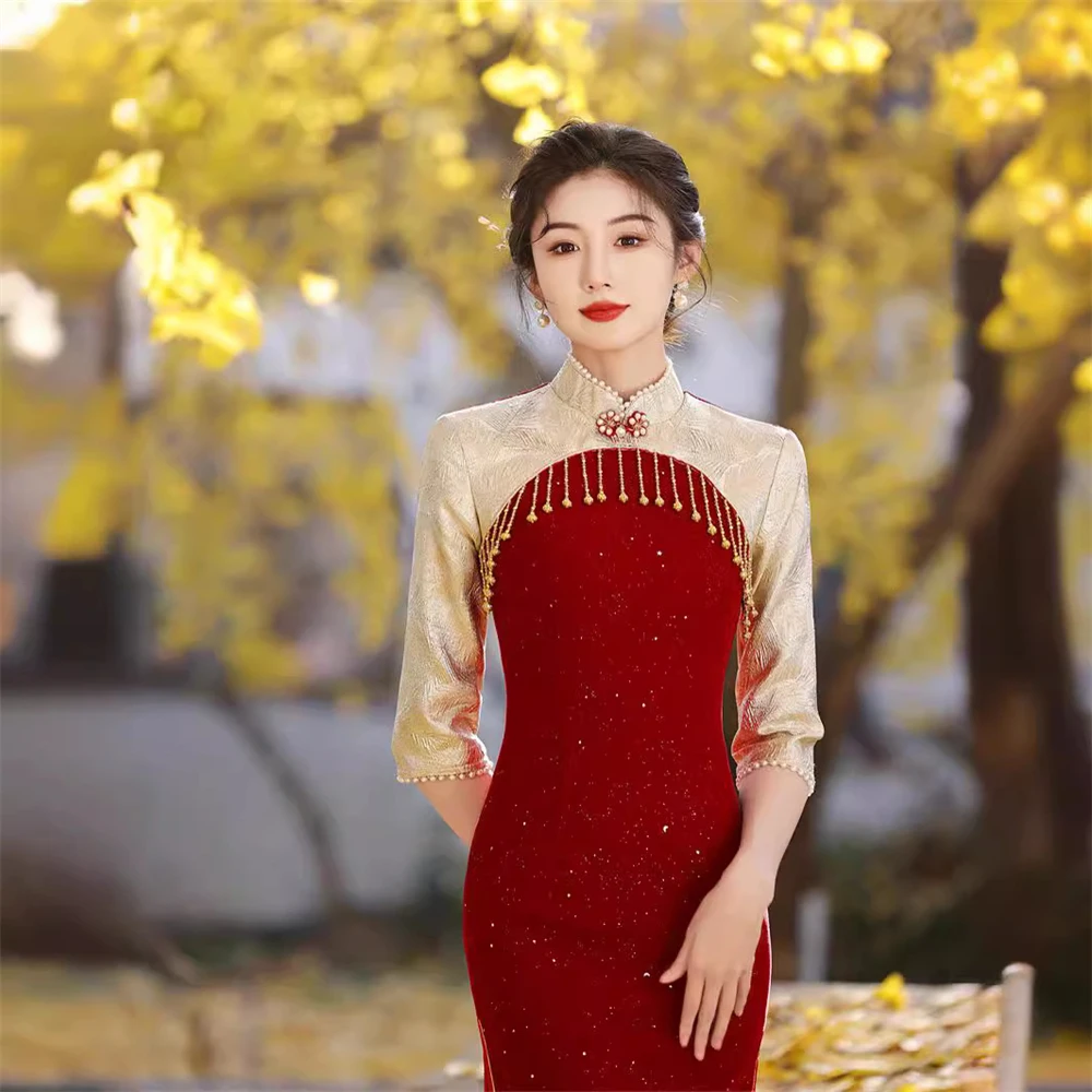 

Chinese Traditional Improved Cheongsam Toast Dress Bride Red Engagement Banquet Elegant Slim Qipao Vestido Oriental Evening Gown