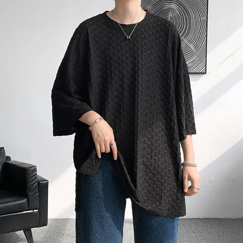 

Drape Pleated Plaid Side Slit Oversized 3d Texture Ice Silk Fashion Men 2022 New Summer Short Sleeve Casual Korean Harajuku Tops