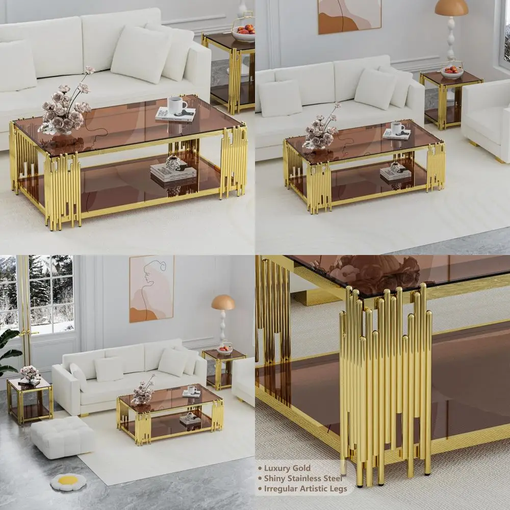 

Современный прямоугольный журнальный столик с золотыми акцентами и ножками из нержавеющей стали, с 43 столешницей из закаленного стекла