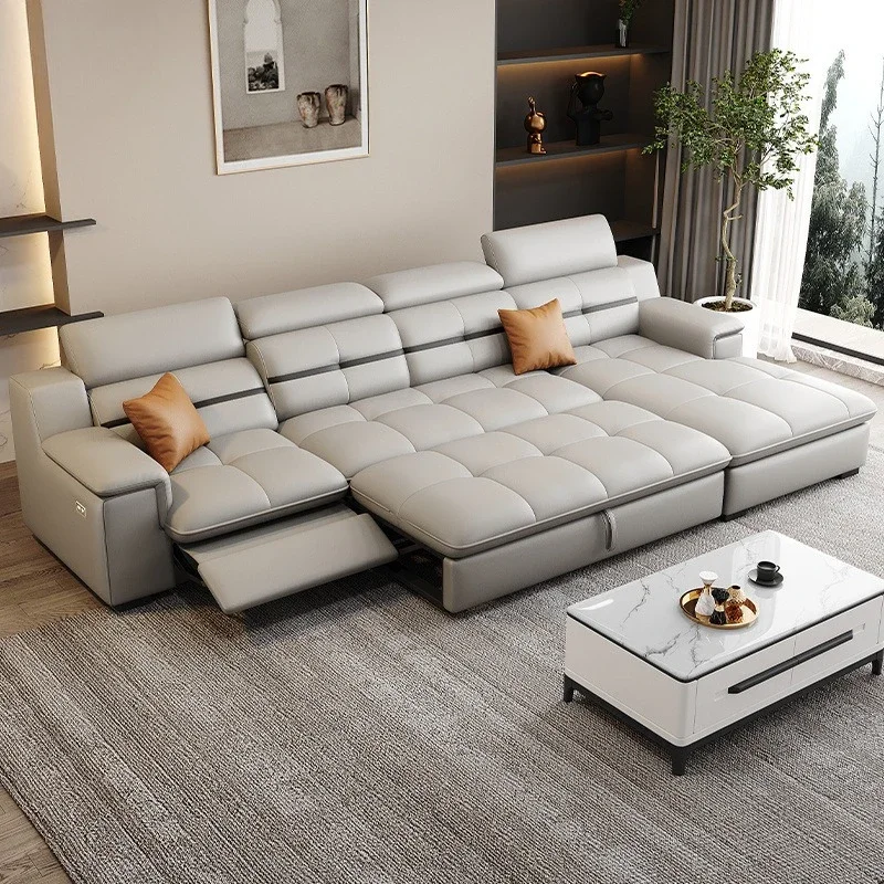 Electric function leather sofa space capsule modern simple light luxury living room combination size retractable sofa