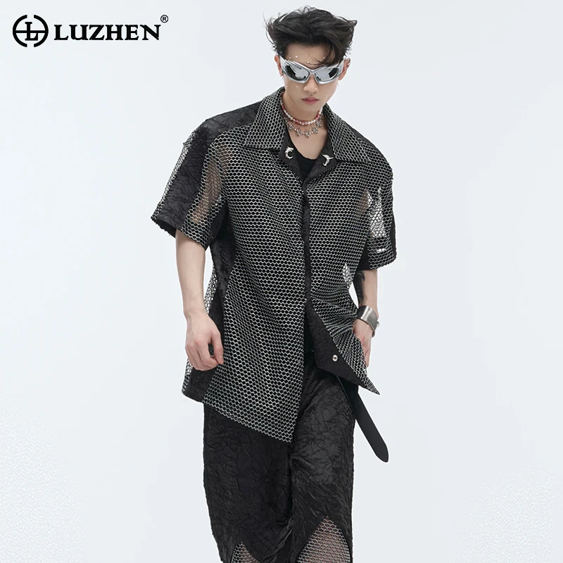 

LUZHEN Fashion Personalized Mesh Hollow Casual Short Sleeve Shirts Men's 2024 Original Trendy Street Splicing Design Tops LZ3969