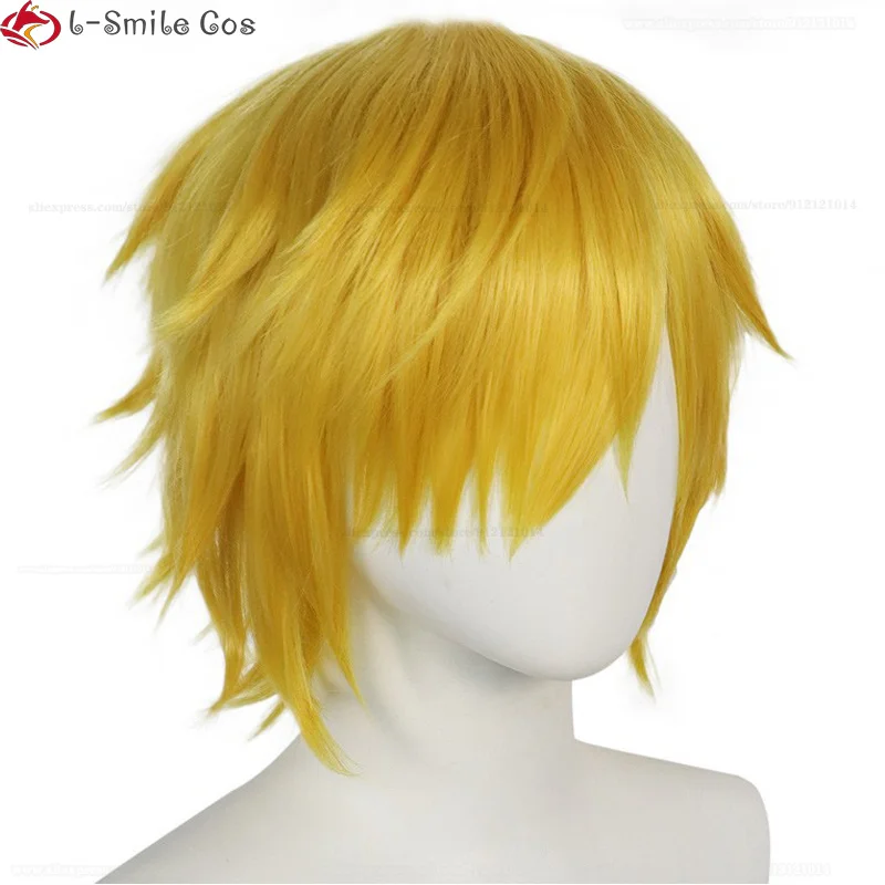 Sanji Cosplay Wig Anime Sanji Cosplay Short Golden Yellow Wig Heat Resistant Hair Halloween Party Men Wigs + Wig Cap