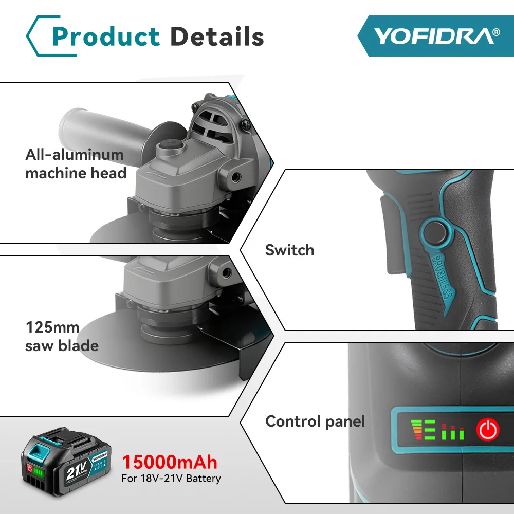 YOFIDRA 125 mm bürstenloser elektrischer Winkelschleifer 3 Geschwindigkeiten M14 Holzschleifen Polieren Schneidwerkzeug für Makita 21 V Batteriestift – Detail 12