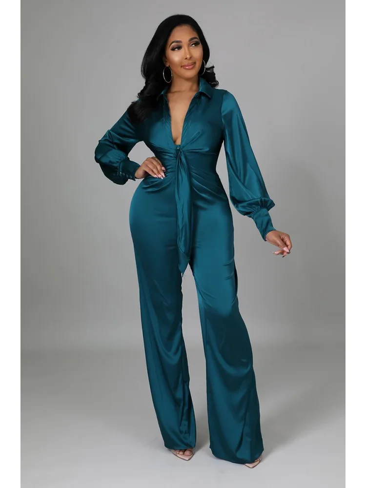 Sexy Women Satin Jumpsuit Long Sleeve Autumn Office Lady Turn Down Collar Solid Vintage Lantern Sleeve Fashion Romper Jumpsuit