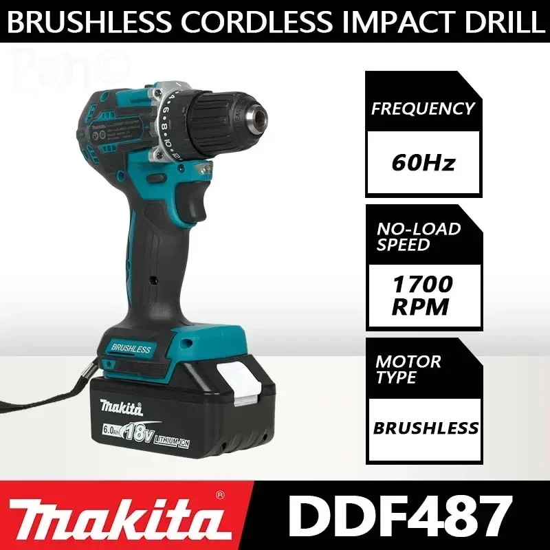 

Оригинальная аккумуляторная дрель Makita DDF487, бесщеточная электрическая ударная отвертка, перезаряжаемый электроинструмент 18 В с аккумулятором