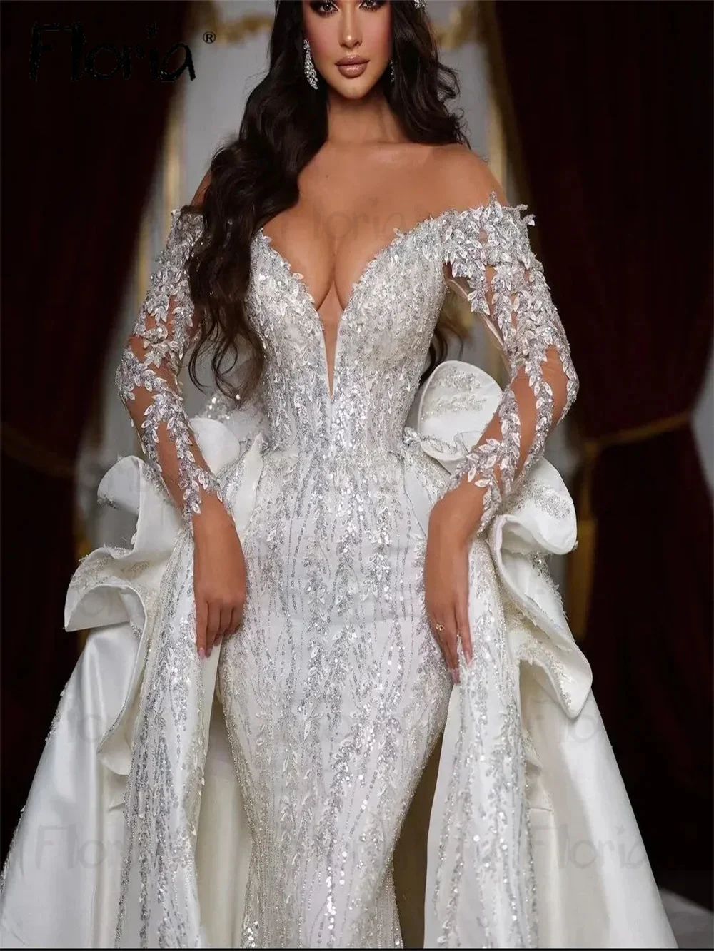 Vestido De novia blanco con Apliques De encaje para mujer, traje De novia personalizado con cuello De animación, tren De Copa en la iglesia De Dubái, 2024