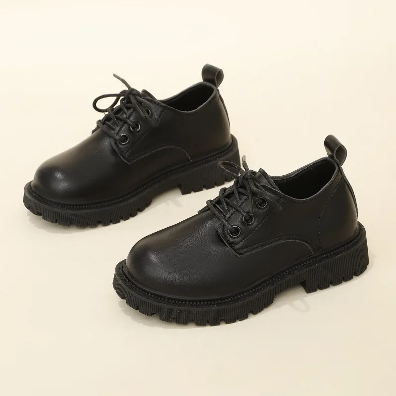 

Kids Boys Girls Patent Leather Lace-up Shoes Thick Platform Sole British Style School Performance Casual Daily Footwear Black