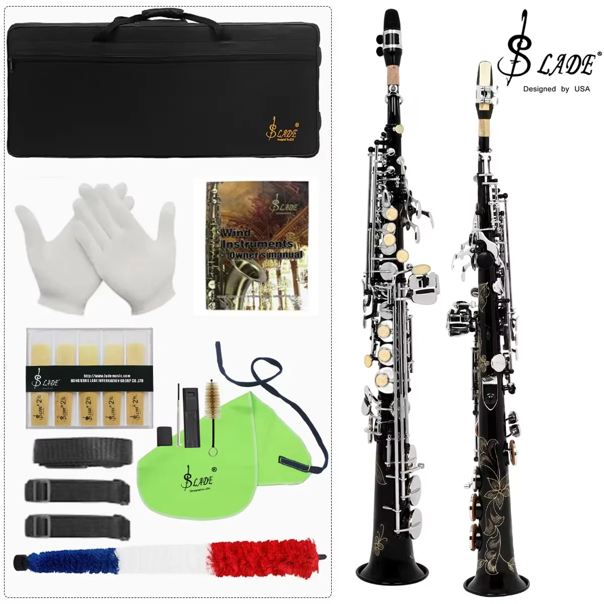 

SLADE Soprano Saxophone Straight Tube Down B-Tone Brass Copper Tube Body Carved Flower White Shell Button Black Silver Saxofone