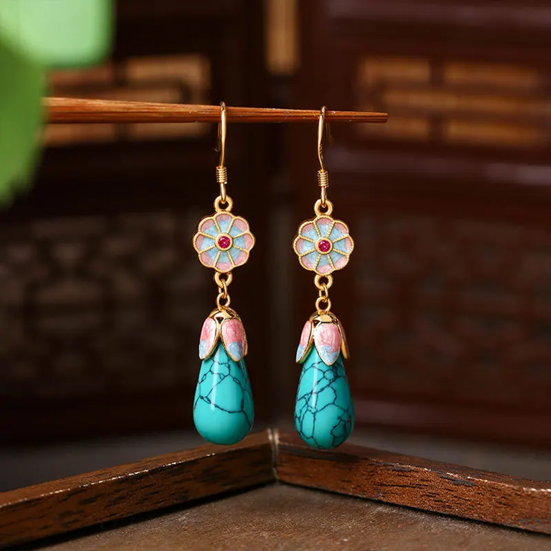 

Natural Turquoise Flower Earrings Talismans Charm Luxury Carved Gemstone Amulet 18K Gold Plated Real Jewelry Gifts for Women