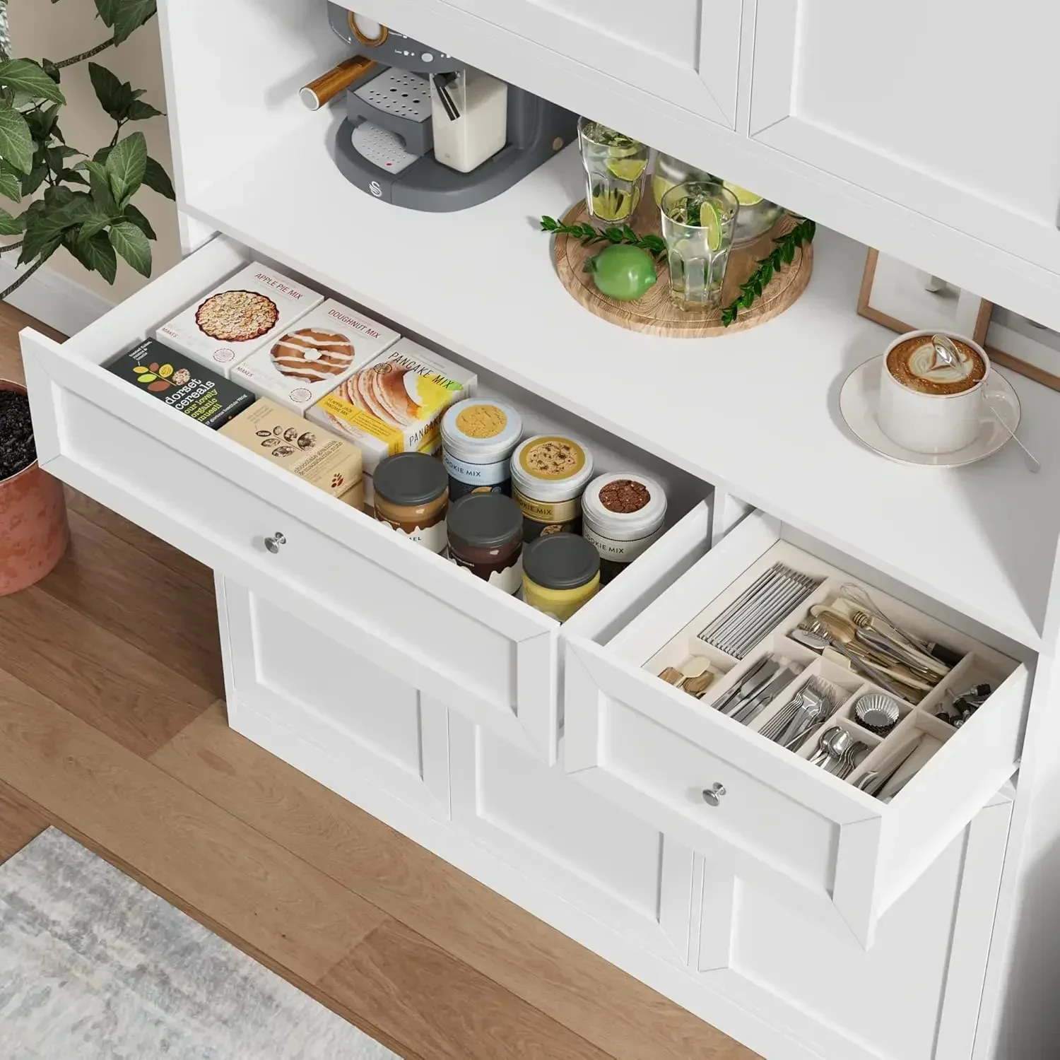 [سعر مخفض! ] خزانة مخزن المطبخ مقاس 72 بوصة، وخزانة المطبخ مع حامل الميكروويف، وخزانة بوفيه مع قفص لتناول الطعام في المطبخ