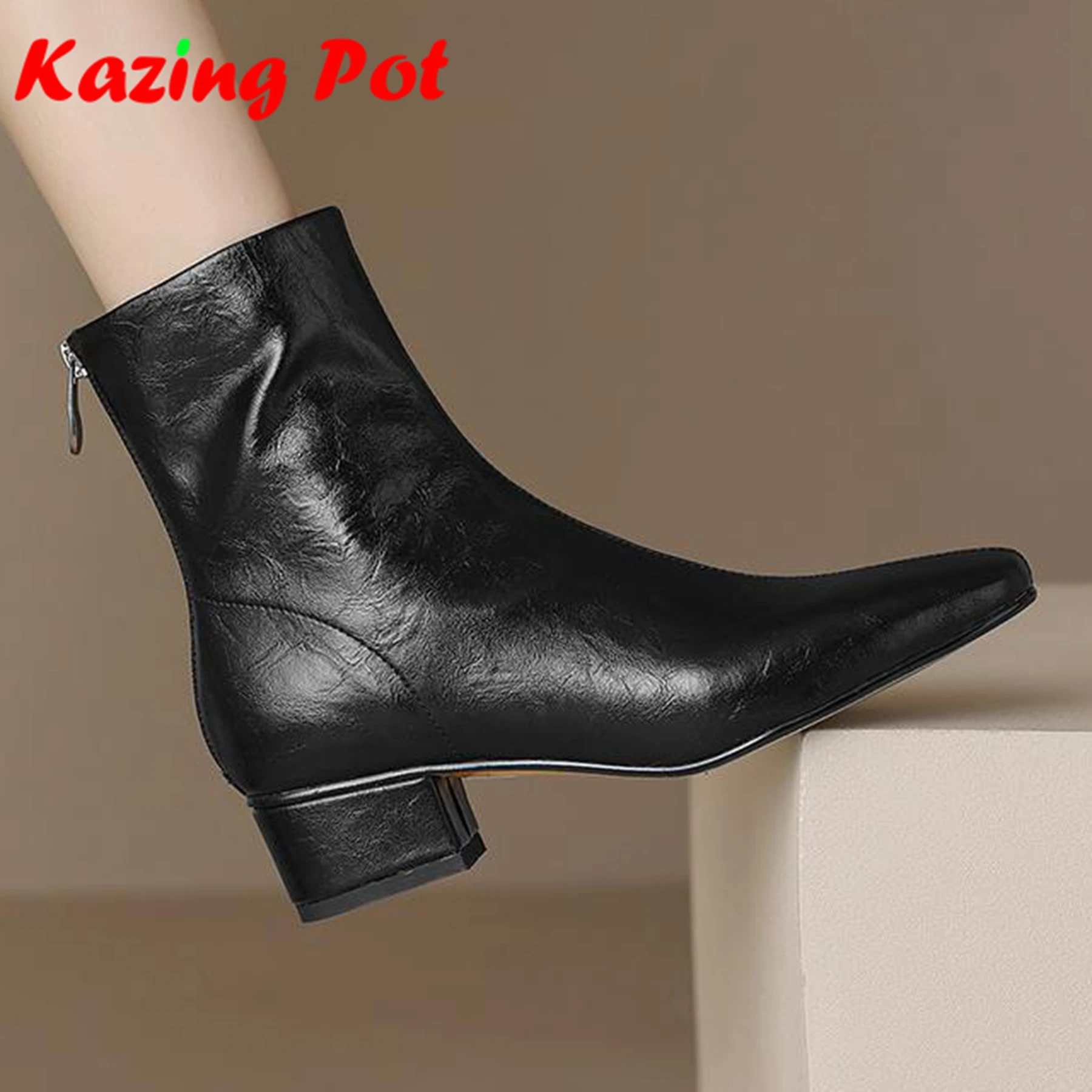 

Krazing Pot Genuine Leather Chunky Heels Modern Chelsea Boots Casual Winter Autumn Vintage Women Pleated Decorations Ankle Boots