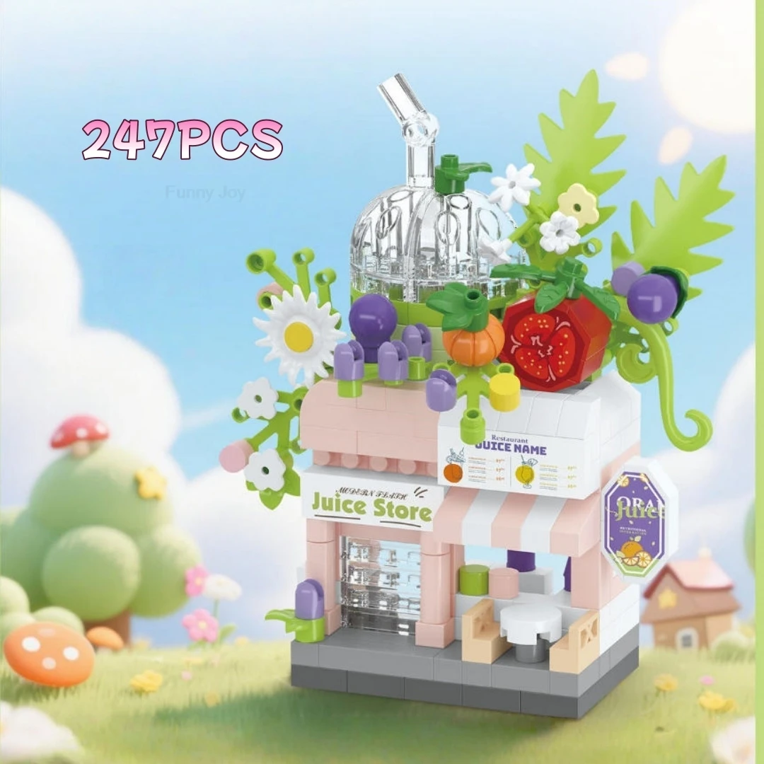Grappige Joy Library Candy Store Street View Koffie Huisdier Brood Bloem Hamburger Kleine winkel Stad Bouwstenen Straatwinkel Speelgoed