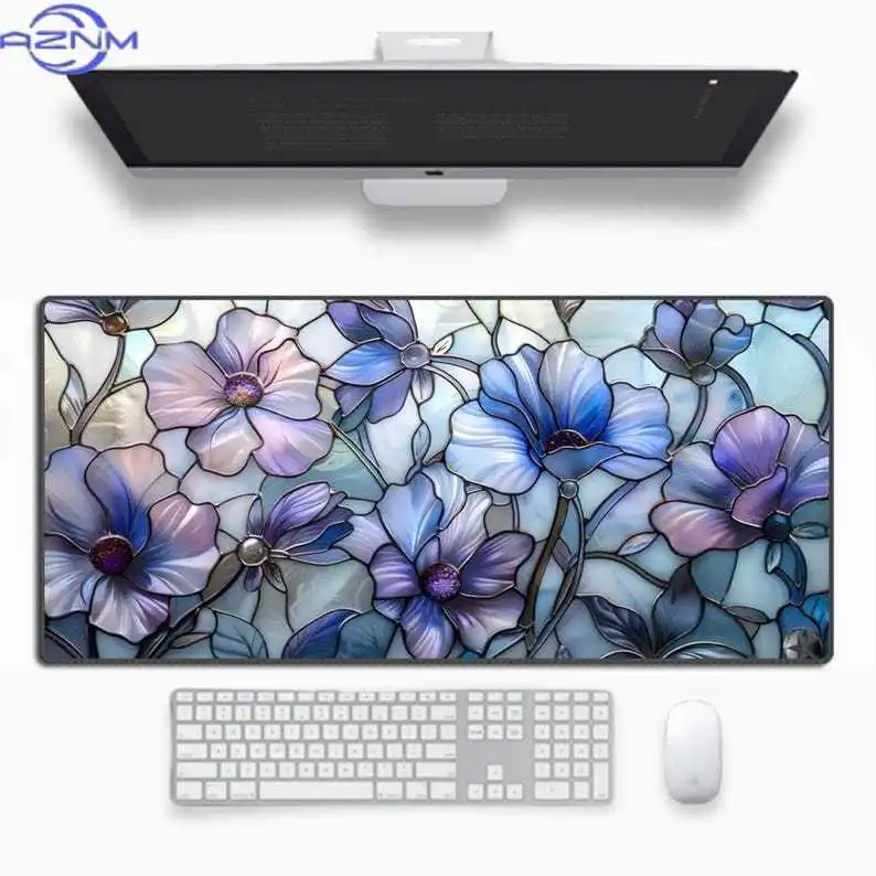 Elegant Stained Glass Flower Mouse Pad Waterproof Non‑Slip Pastel Mosaic Botanical Art Design Mousepad for Home Gaming Workspace