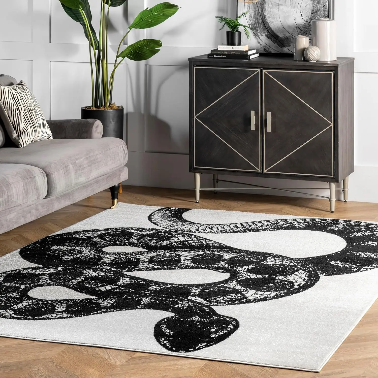 8x10 Thomas Paul Serpent Area Rug, Black & Off White, Snake Design, Non-Slip Backing, Stain Resistant, For Bedroom, Dining Room