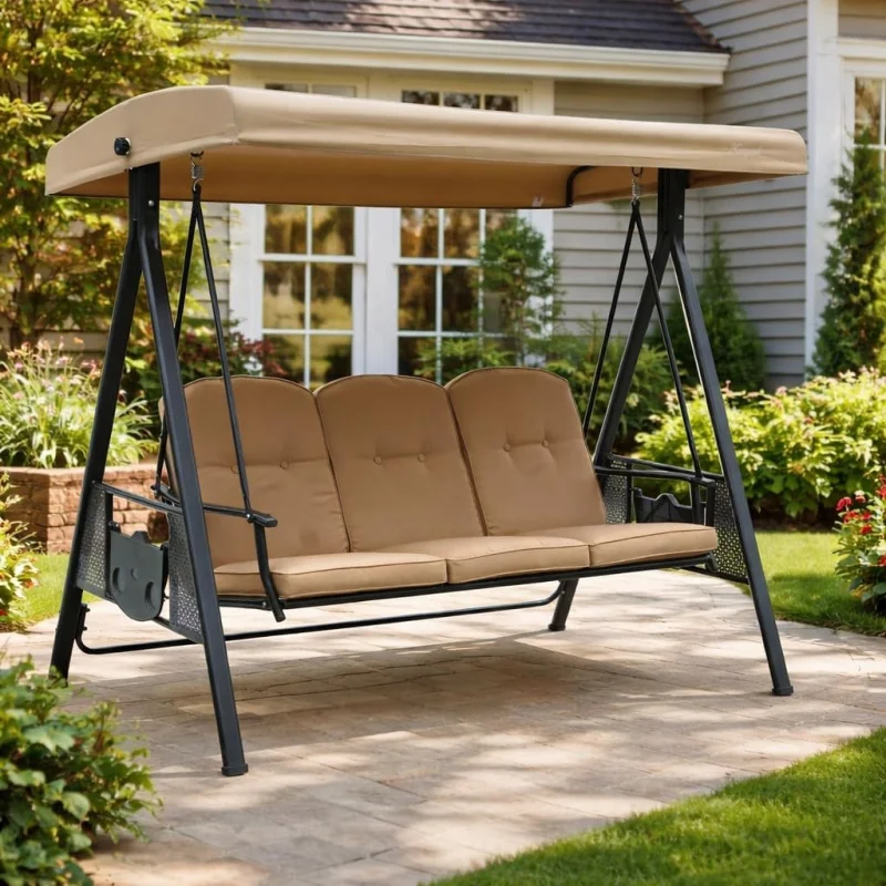 

2026 New：Deluxe 3-Patio Porch Swing with Stand, Adjustable Canopy, Outdoor Freestanding Swing Chair Bac