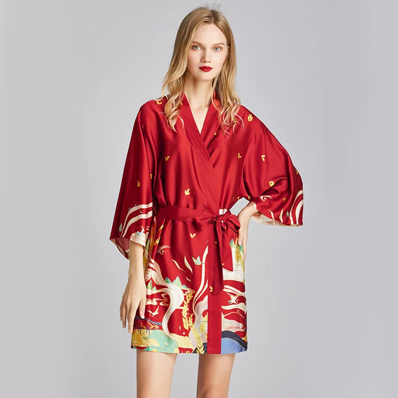 Sanderala Sexy Frauen Ice Silk Print Robe V Neck Belted Halbarm Nachtwäsche Satin Dressing Dessous Kleid Bademantel Hause Pyjamas