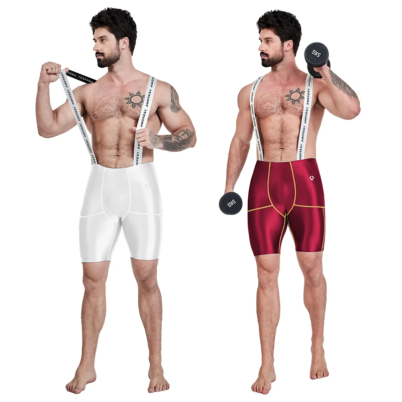 AMORESY Gloss Tight Sports Shorts Quick Dry Cycling Trunks Straps Design Swim Running Fitness Short Pants bodysuits swimsuit man