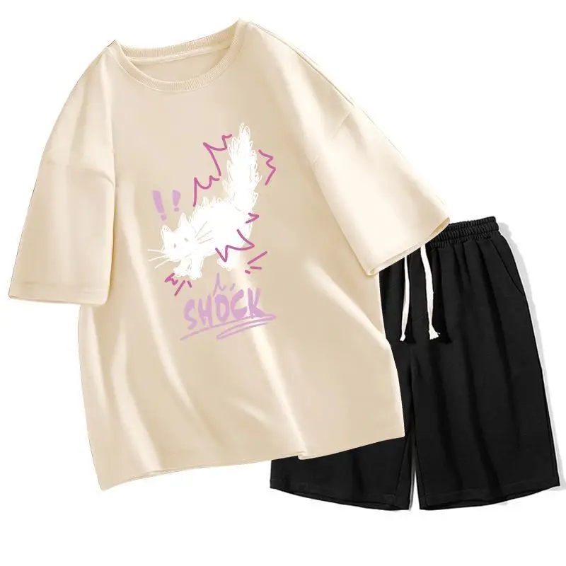 

Summer New Cute Printed Short-sleeved T-shirt Set Kitten Pattern Trendy Brand Breathable Men's Clothing Outer Clothes Set