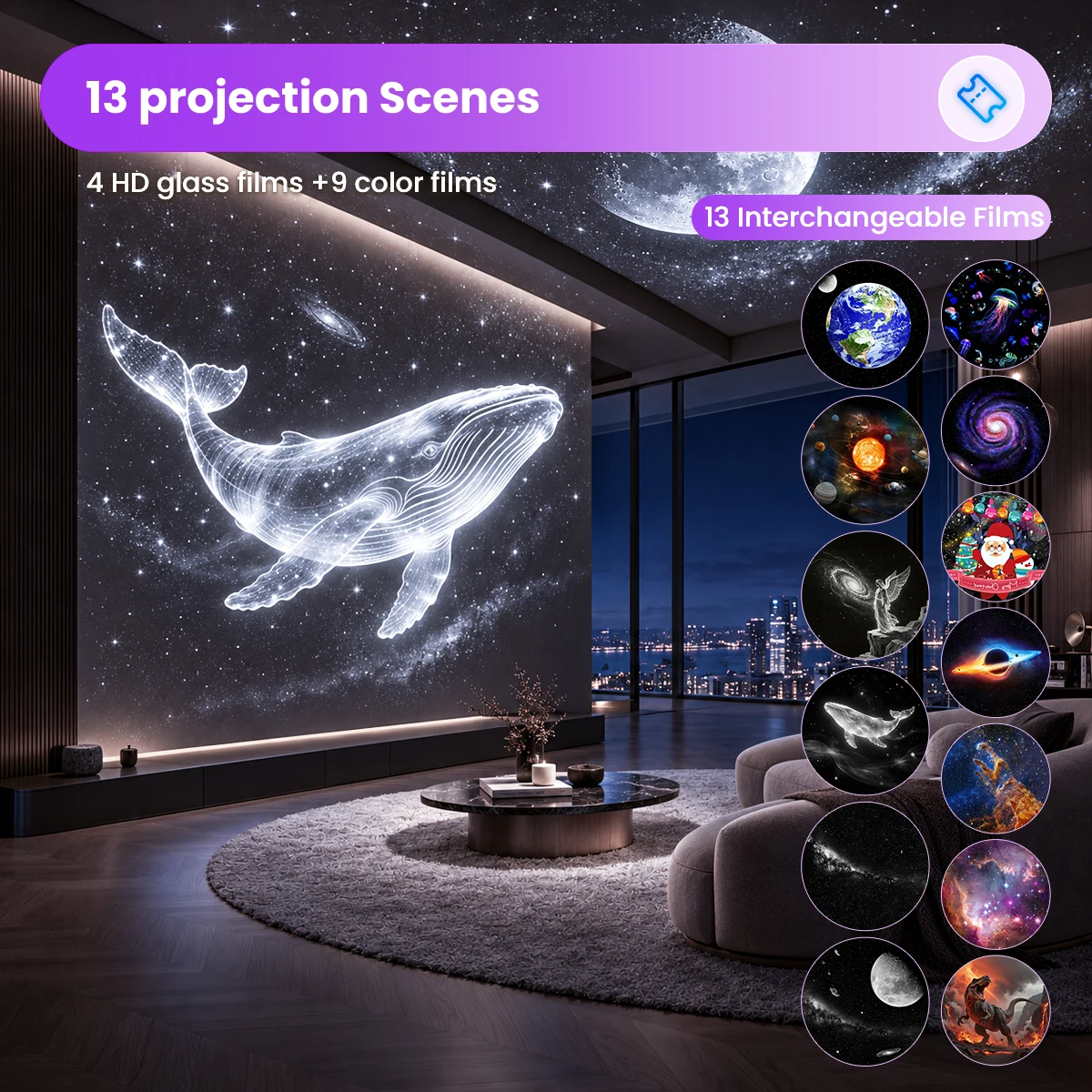 2-IN-1 USB Galaxy Projection Light with 13 Scenes, 7 Colors Stepless Dimming Night Light for Car Interior, Home, Bedroom, Romantic Galaxy Atmosphere Light