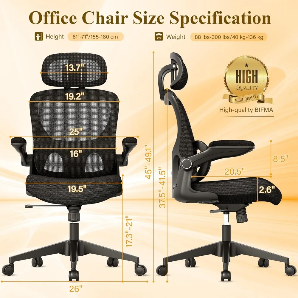 Office Chair, High Back Desk Chair with Adjustable Lumbar Support, Flip-Up Arm, Headrest