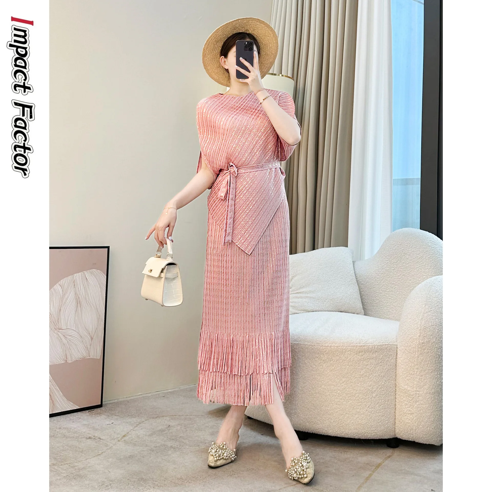 

2025 Miyake Style Top Set Women's Summer New Temperament High Sense Fringed Skirt Loose Casual Two-piece Set