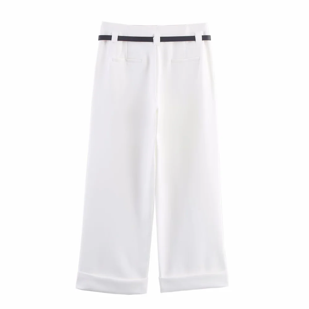 新しい女性の服装スタイルは、ベルトとロールエッジが特徴のシンプルなカジュアルなストレートレッグパンツです。