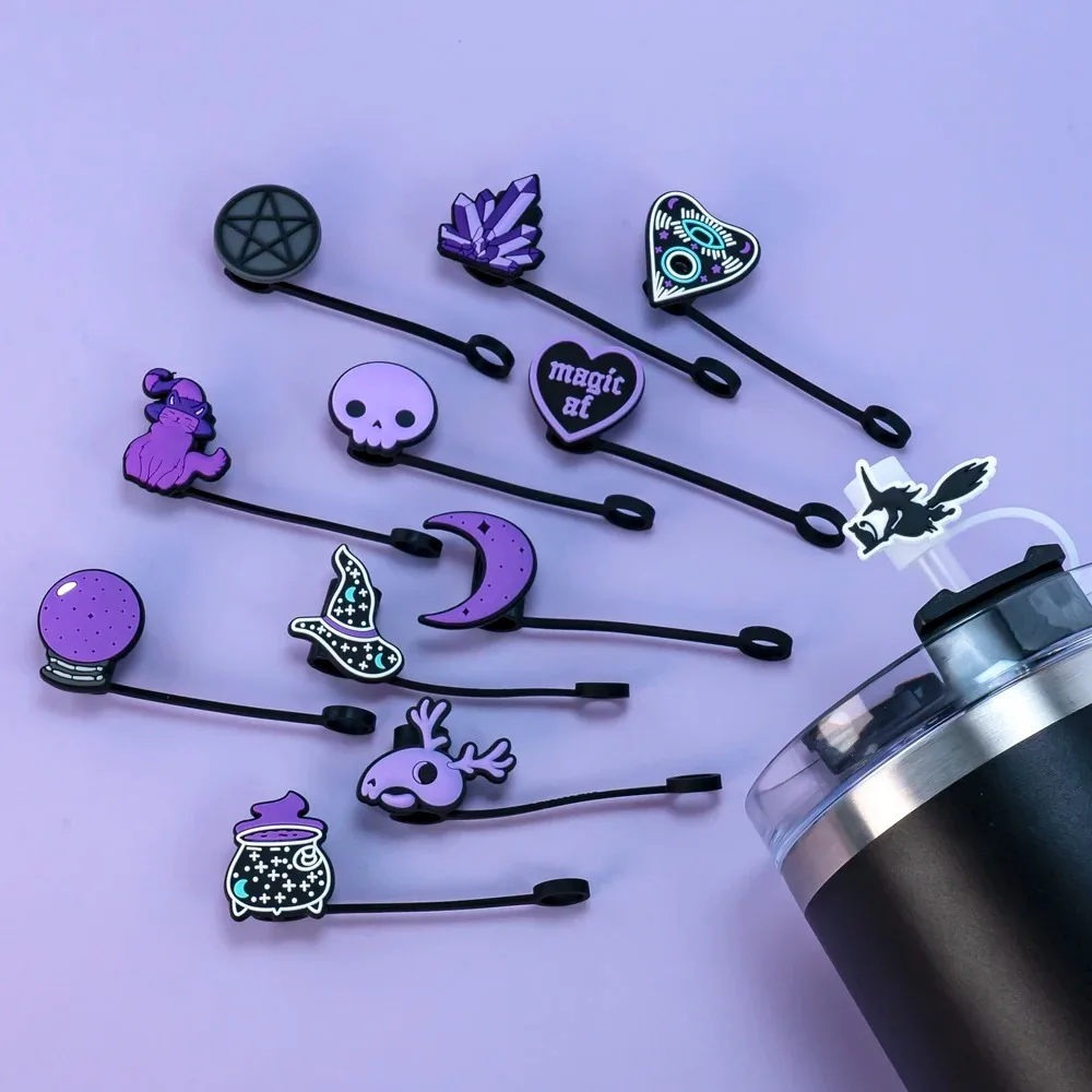 Silicone Halloween Straw Cover 10mm Witches Cat Moon Skull Drinking Straw Covers Cartoon Reusable Drinking Dust Plugs