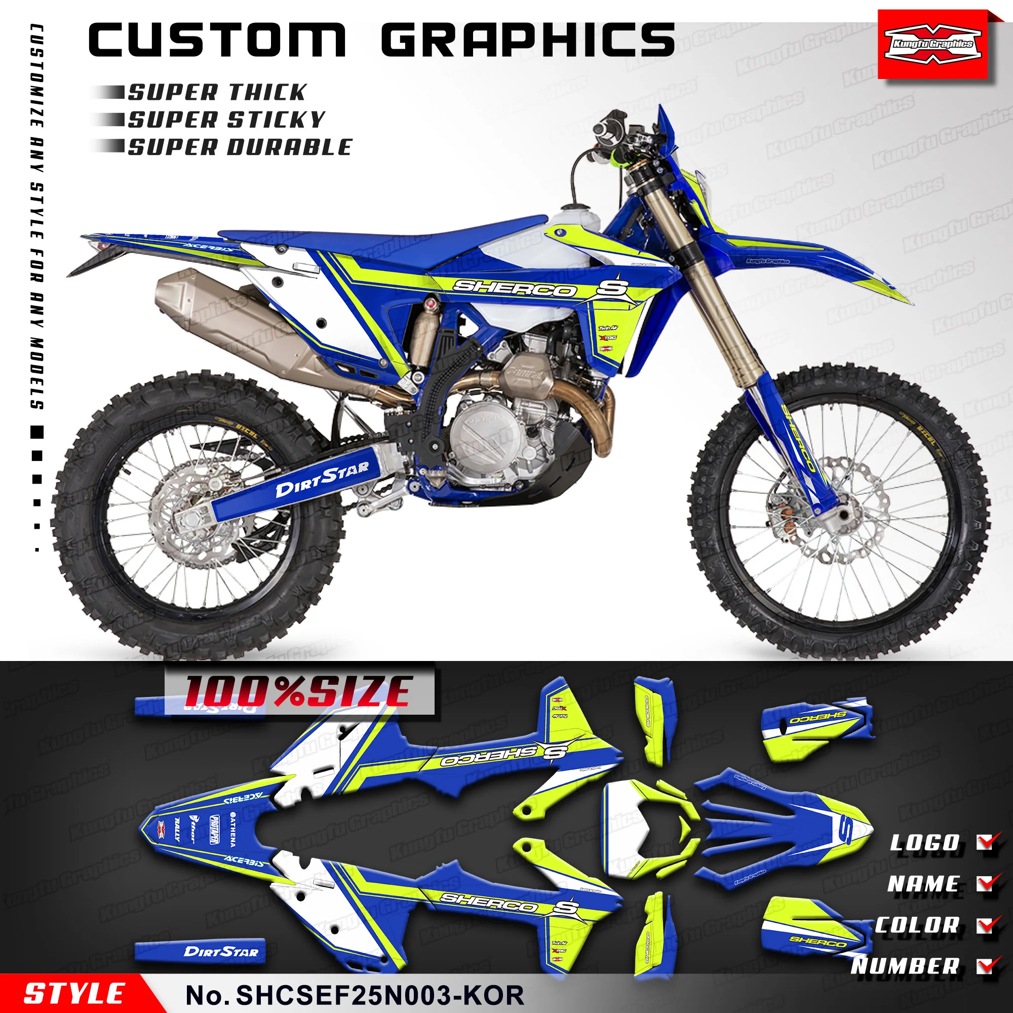 

KUNGFU GRAPHICS Restyled Stickers Adhesive Decals for 2025 Sherco SE 125 250 300 / SEF 250 300 450 501 Blue, SHCSEF25N003-KOR