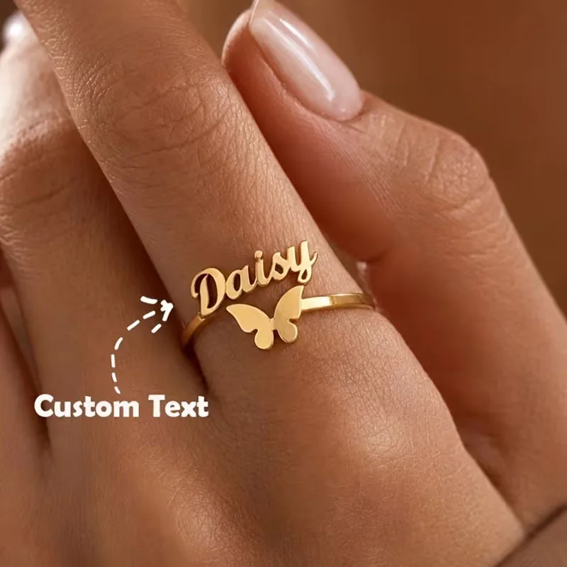 Butterfly Custom Name Opened Finger Rings Stainless Steel Adjustable Personalized Letter Name Ring Anillos Valentine's Day Gift