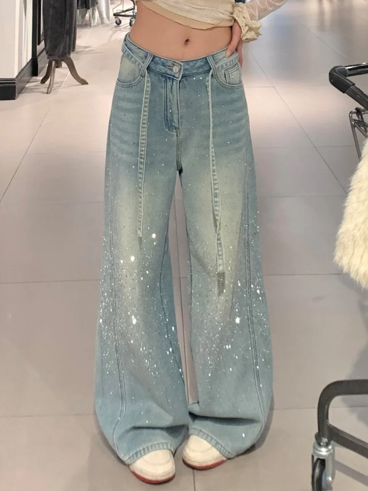 

American Retro High Waist Glitter Denim Jeans Women's Spring plus Size Loose Slimming Wide Leg Floor-Length Pants
