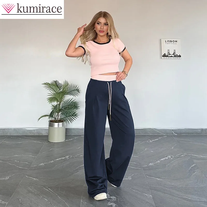 

Summer New Color Round Collar Short Sleeve Women's Fashion Leisure Solid Color Wide Leg Pants Two Piece Set Pant Set for Women