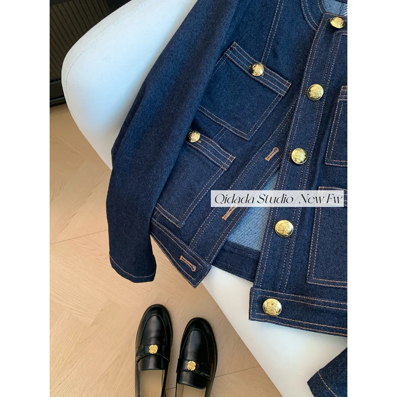 Frauen Koreanische Mode Vintage Klassische Blau Chic Taste Denim Jacke Y2K Frühling Herbst O Hals Langarm Lose Taschen Outer