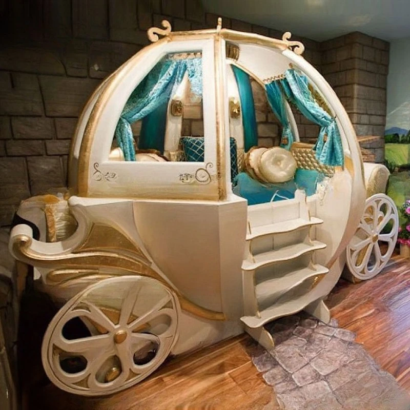 Cama infantil niña b ed, cama de carro creativa de madera maciza, carrito de calabaza
