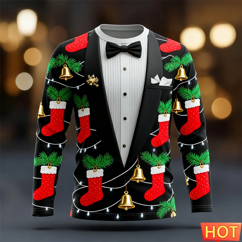 Realistic Suit Pattern Christmas Long Sleeve T Shirt For Men Funny Fashion 3D Printed Xmas T-shirt Loose Breathable Holiday Tees