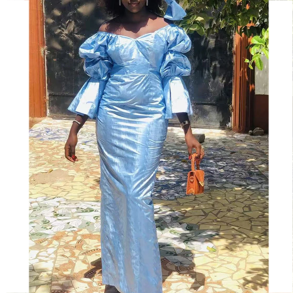 

Blue Ramadan African Bazin Rich Dress Original Nigerian Basin BouBou Dashiki For Ankara Party Wedding Bride Robe Guipure Sewn