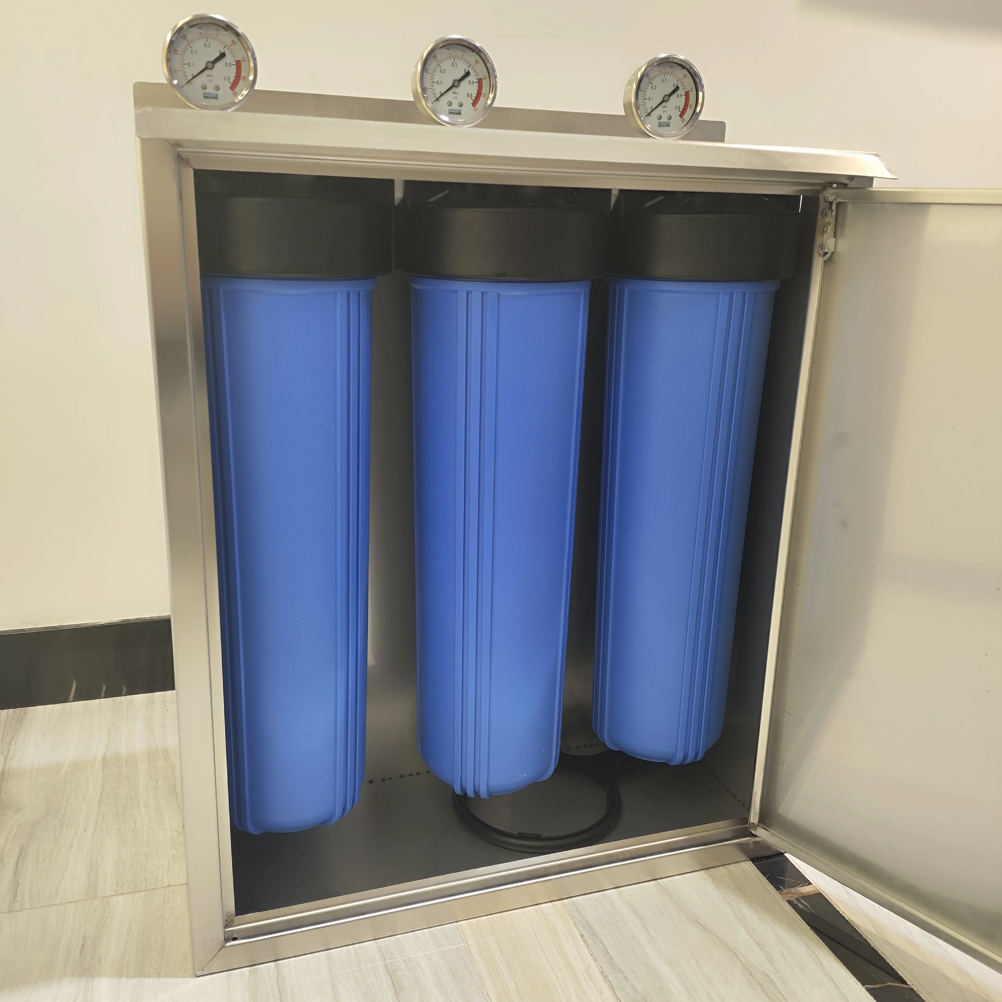 

Australia 20" 3 Stage Big Blue Whole House Water Filter System With Pressure Gauges & Stainless Steel Cabinet