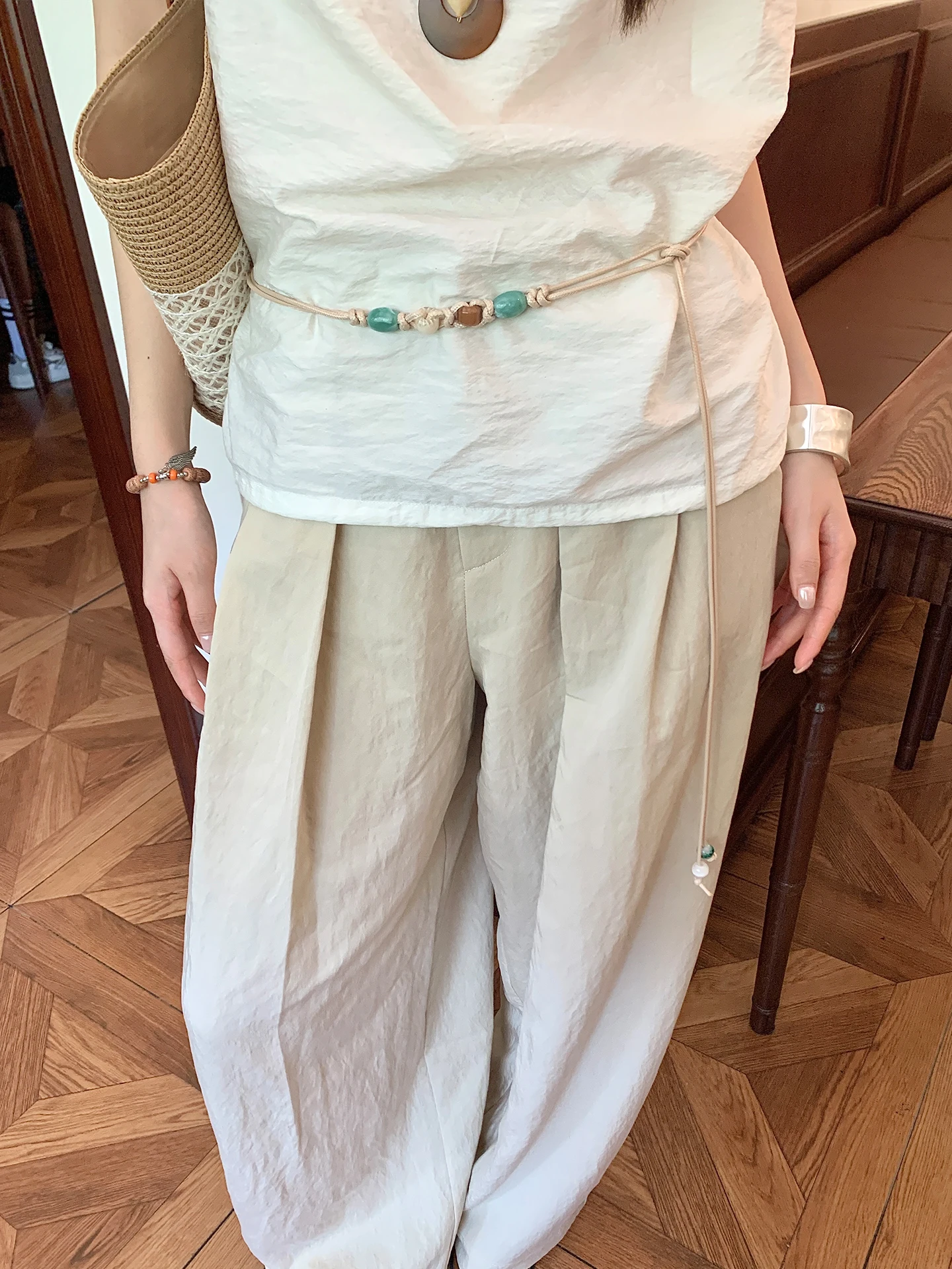Off White Belt - Ethnic Style Colorful Beaded Off-White Thin