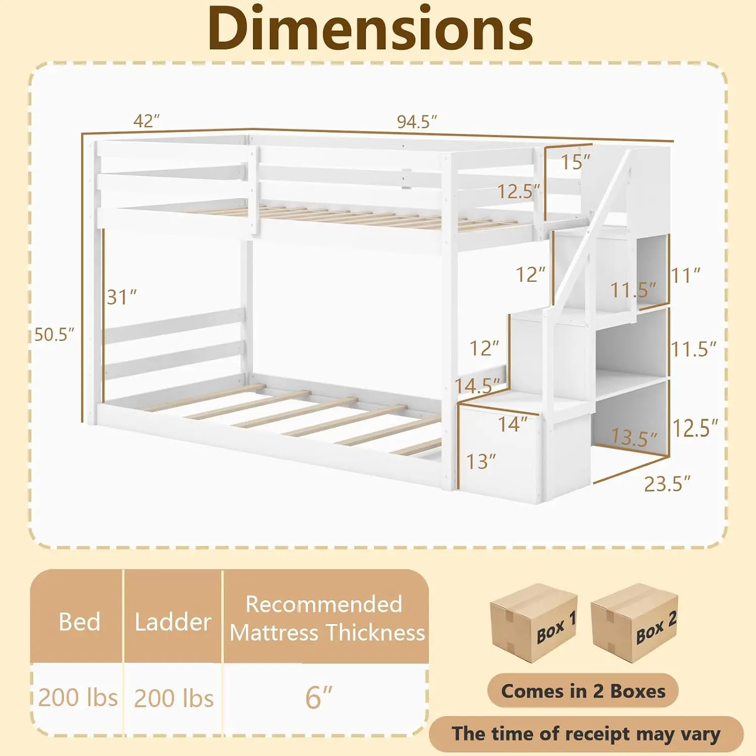 Wood Twin Low Bunk Bed with Storage Staircase & Guardrails, Kids Bed with Slats Support No Box Spring Needed, Customized