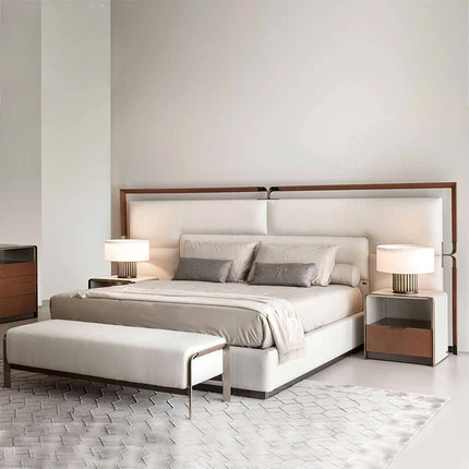 

Chinese modern simple style wooden confortable double bed set with two mini delicate nightstands for sale