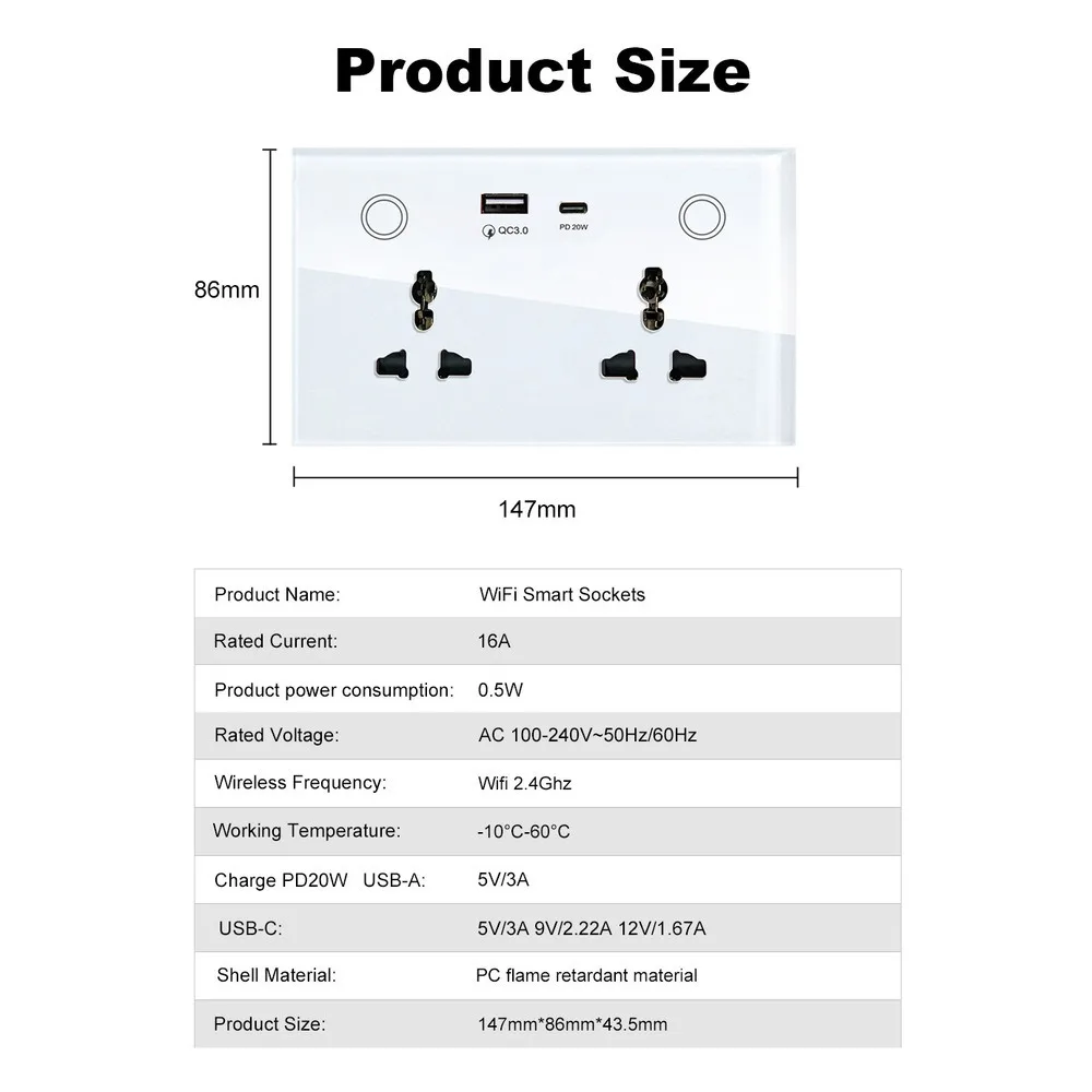 Tuya APP WiFi Smart Socket 147 Universal Power Meter PD 20W Fast Charge Tempered Glass Panel AC100-240V 16A USB A Type C Socket
