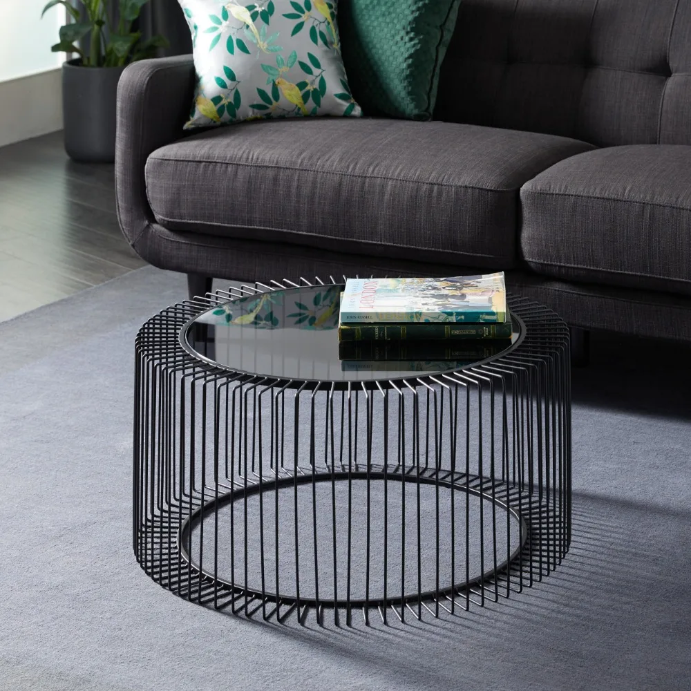 

Furniture for Living Room Center Table Contemporary Round Coffee Table Features Clear Glass Top and Black Open Metal Design Sofa