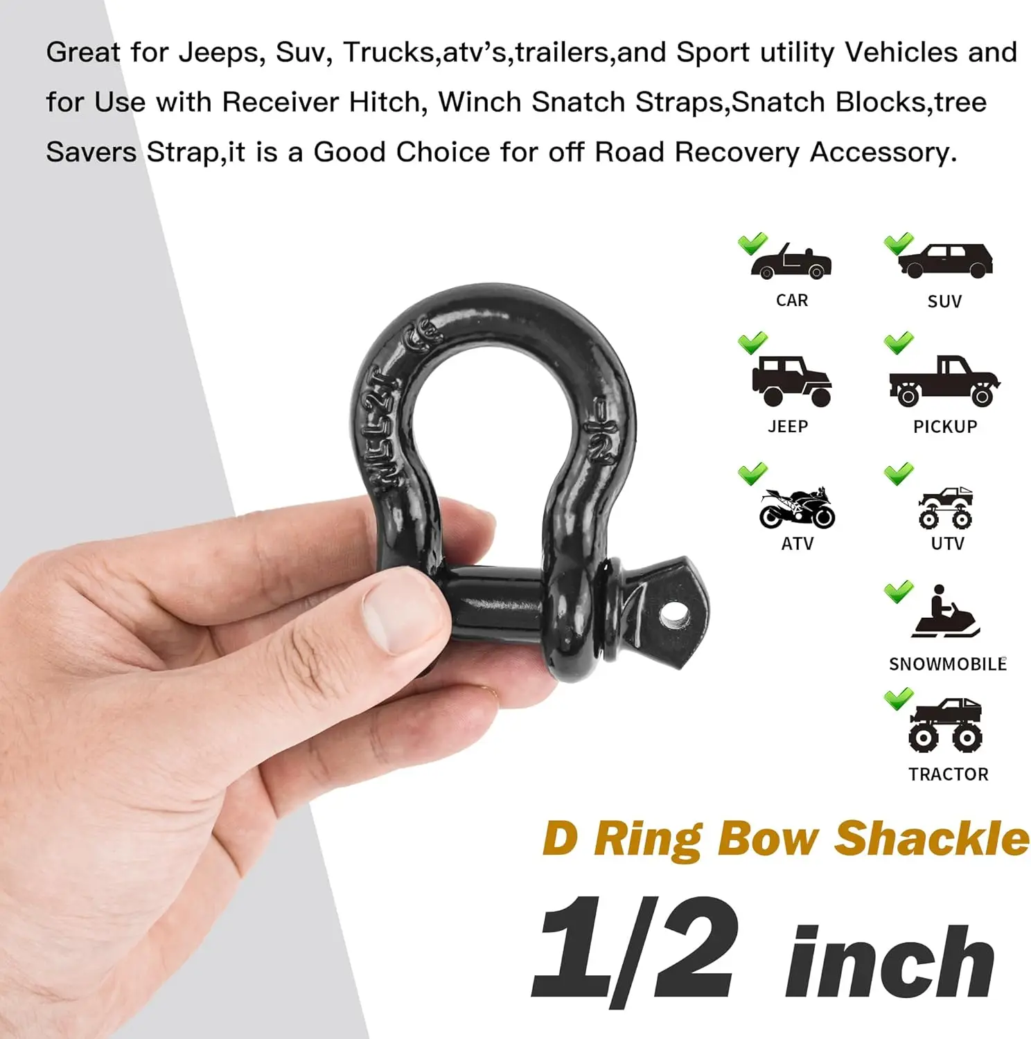 1/2" D Ring Shackle with 9/16" Screw Pin, 26400 lbs Break Strength, Heavy Duty Recovery Winch Shackle for Jeep Truck SUV ATV UTV view 2