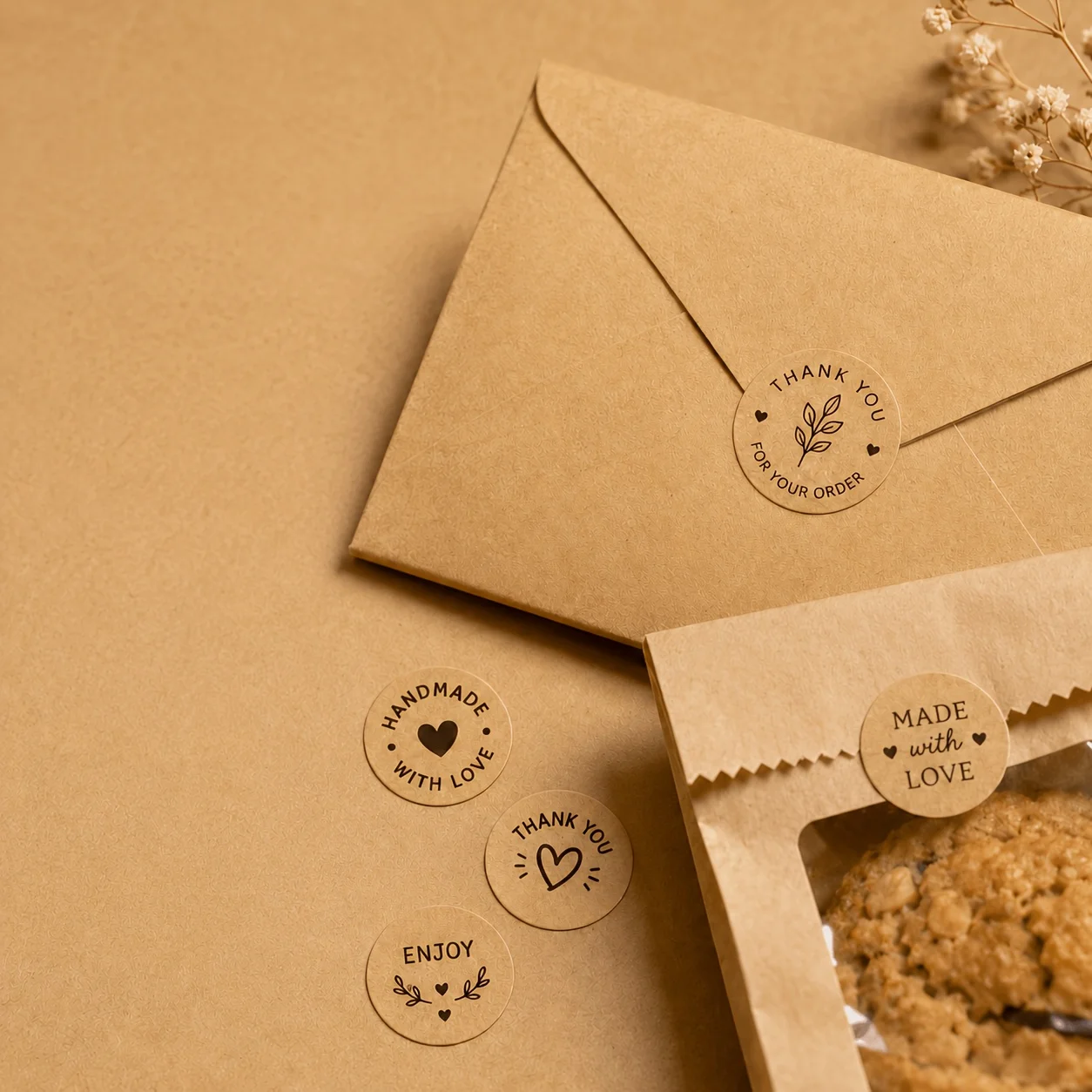 Personalized Custom Kraft Paper Round Stickers, Available in Various Sizes, with the Option to Customize Exclusive Logos and Designs. Suitable for Office Identification, Document Marking, Idol Merchandise, Fan Gift Packs, Journal Collages, and Gift Box Labels. The Material Is Thick and Durable, and the Adhesive Is Strong and Does Not Come Off Easily. view 6