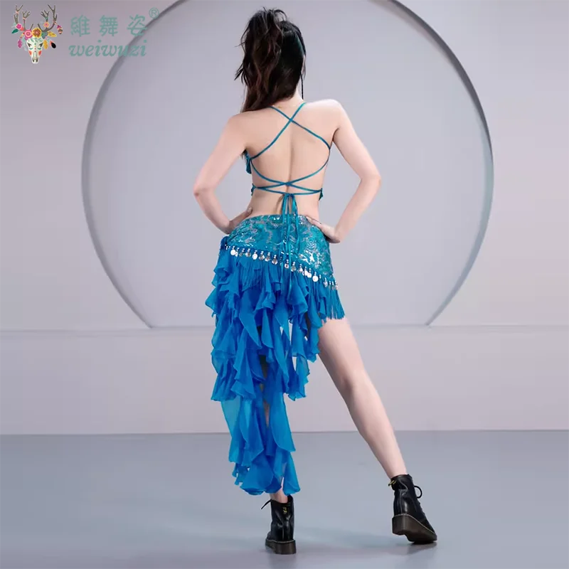 Conjunto de 3 uds de cinturón y sujetador con parte superior de mariposa para danza del vientre, falda de cadera con flecos de lentejuelas latinas, traje de fiesta Sexy con borlas puesta en escena