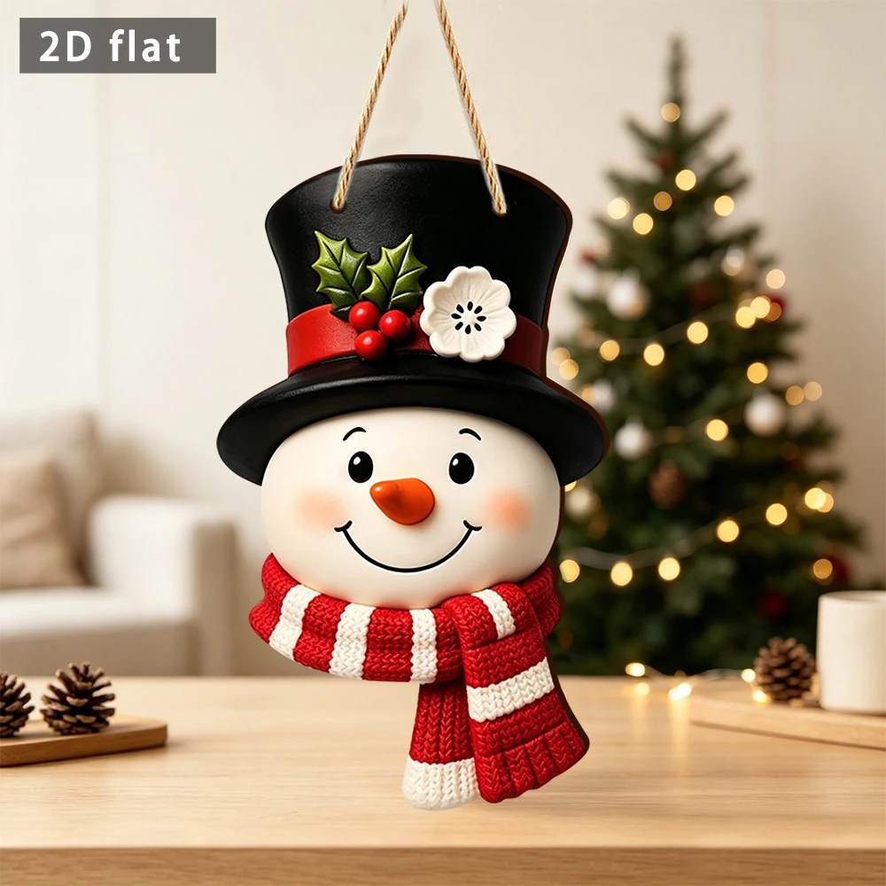 Christmas Snowman Wooden Hanging Plaque, 2D Flat Snowman Head Ornament with Top Hat & Scarf, Winter Holiday Front Door Wall Deco